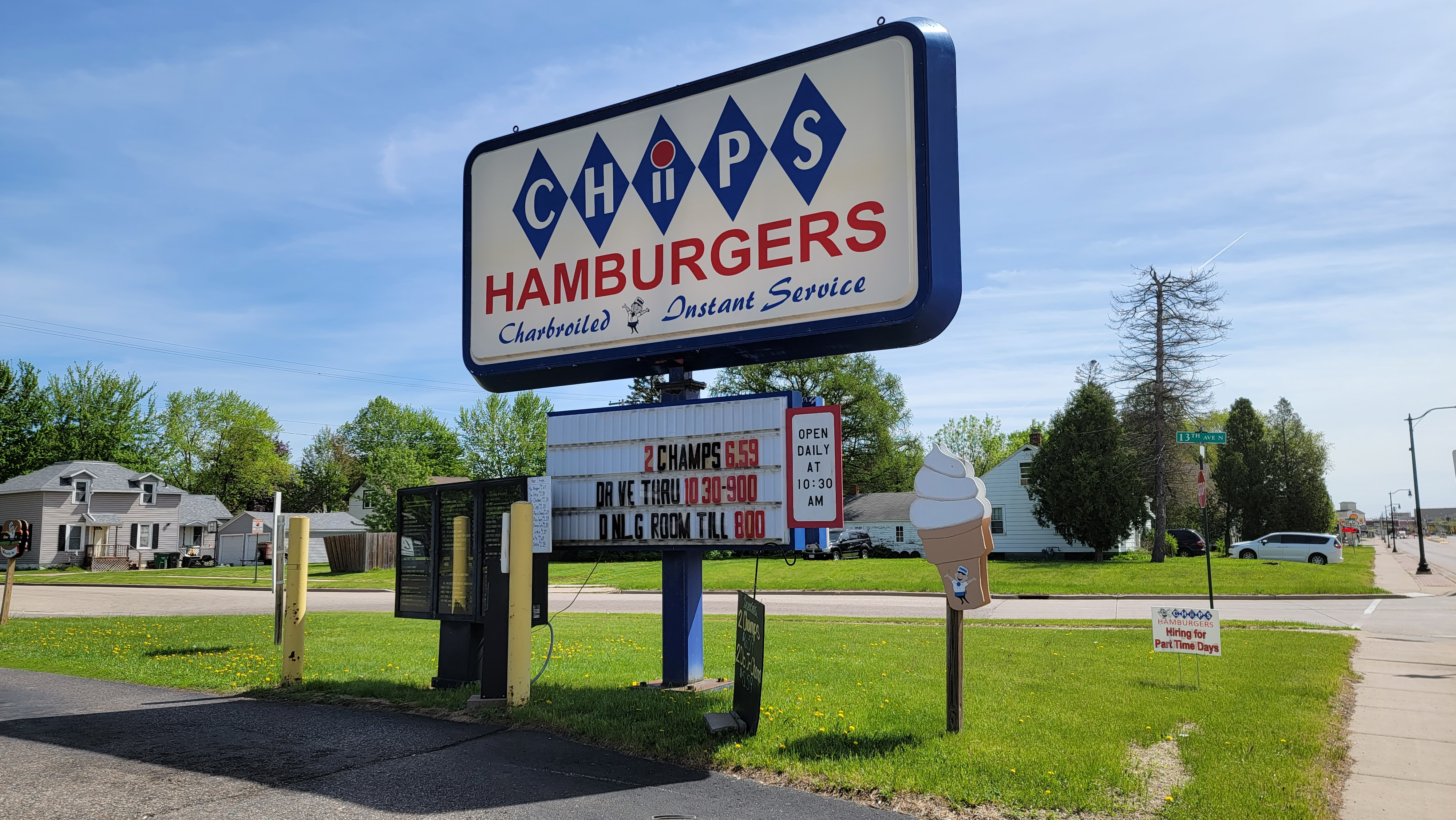 Chips hamburgers vintage sign, with ice-cream-cone-shaped sign beside it