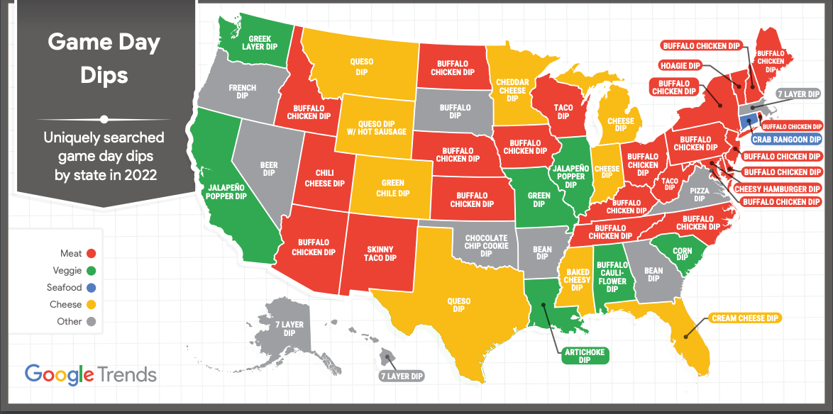 Google Trends map of top searched game day dips by state
