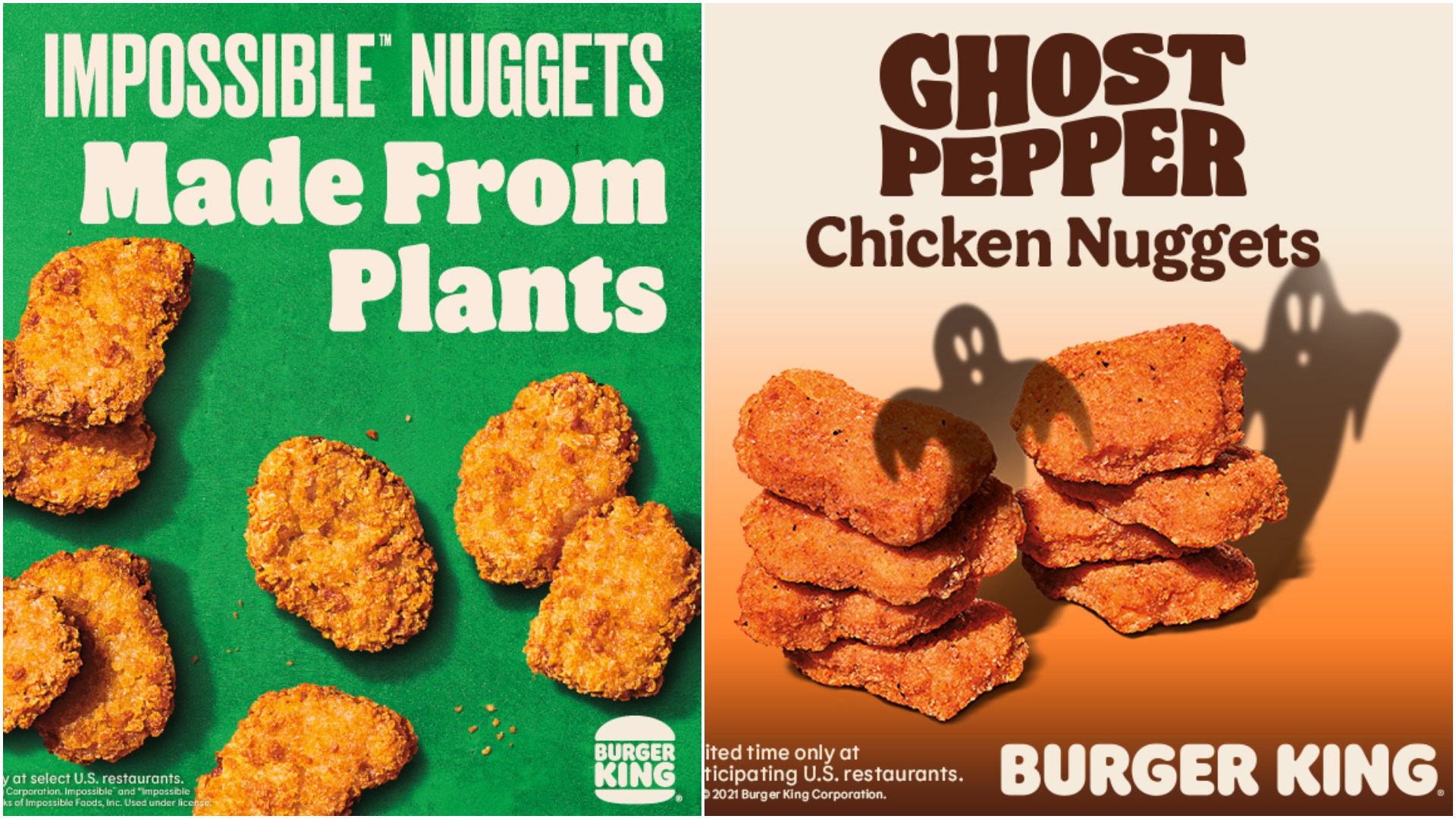 Left: Promotional image for Impossible Nuggets. Right: Promotional image for Ghost Pepper Chicken Nuggets.