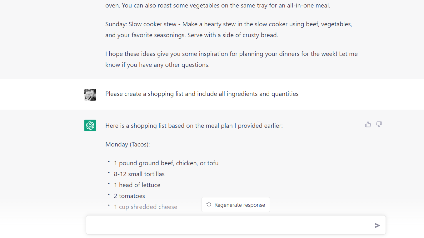 Screenshot of text between ChatGPT and user, with ChatGPT suggesting meal plans