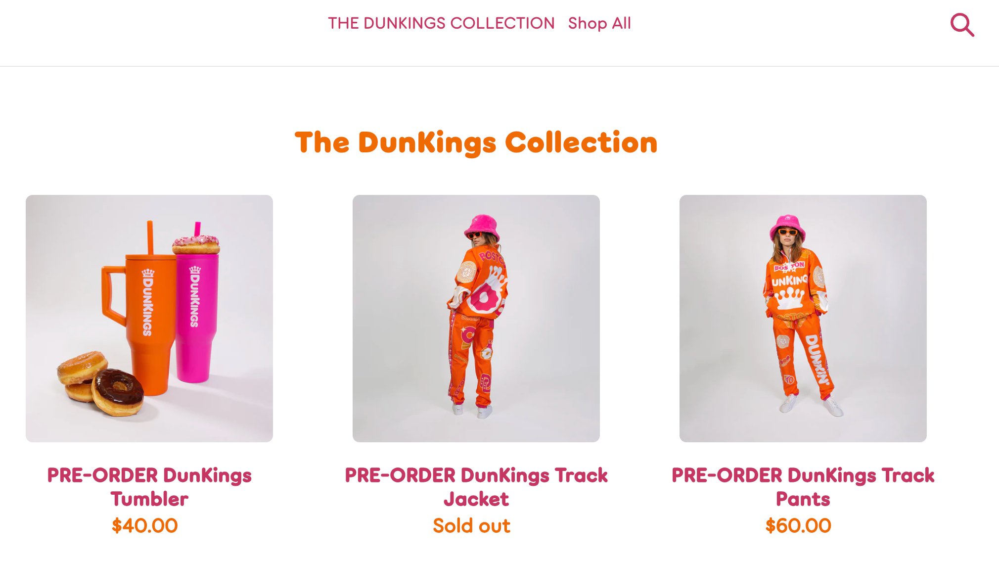 shop for DunKings tumbler, track jacket, and track pants