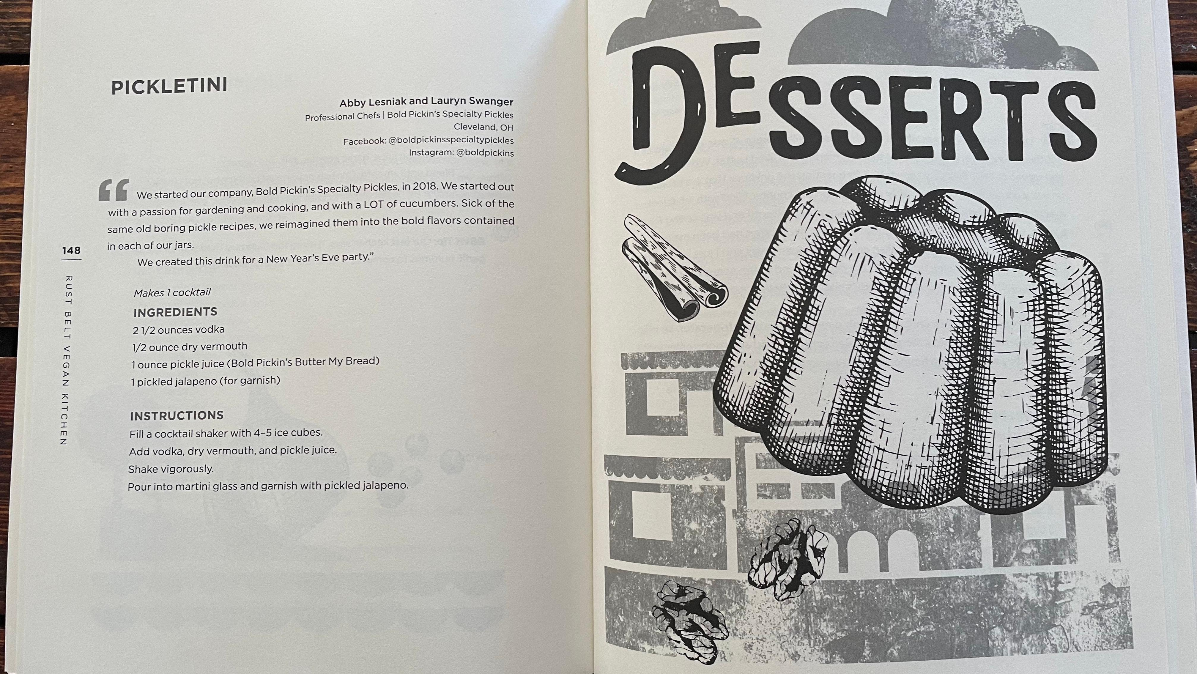 Inside pages of the cookbook with Pickletini recipe and desserts illustration