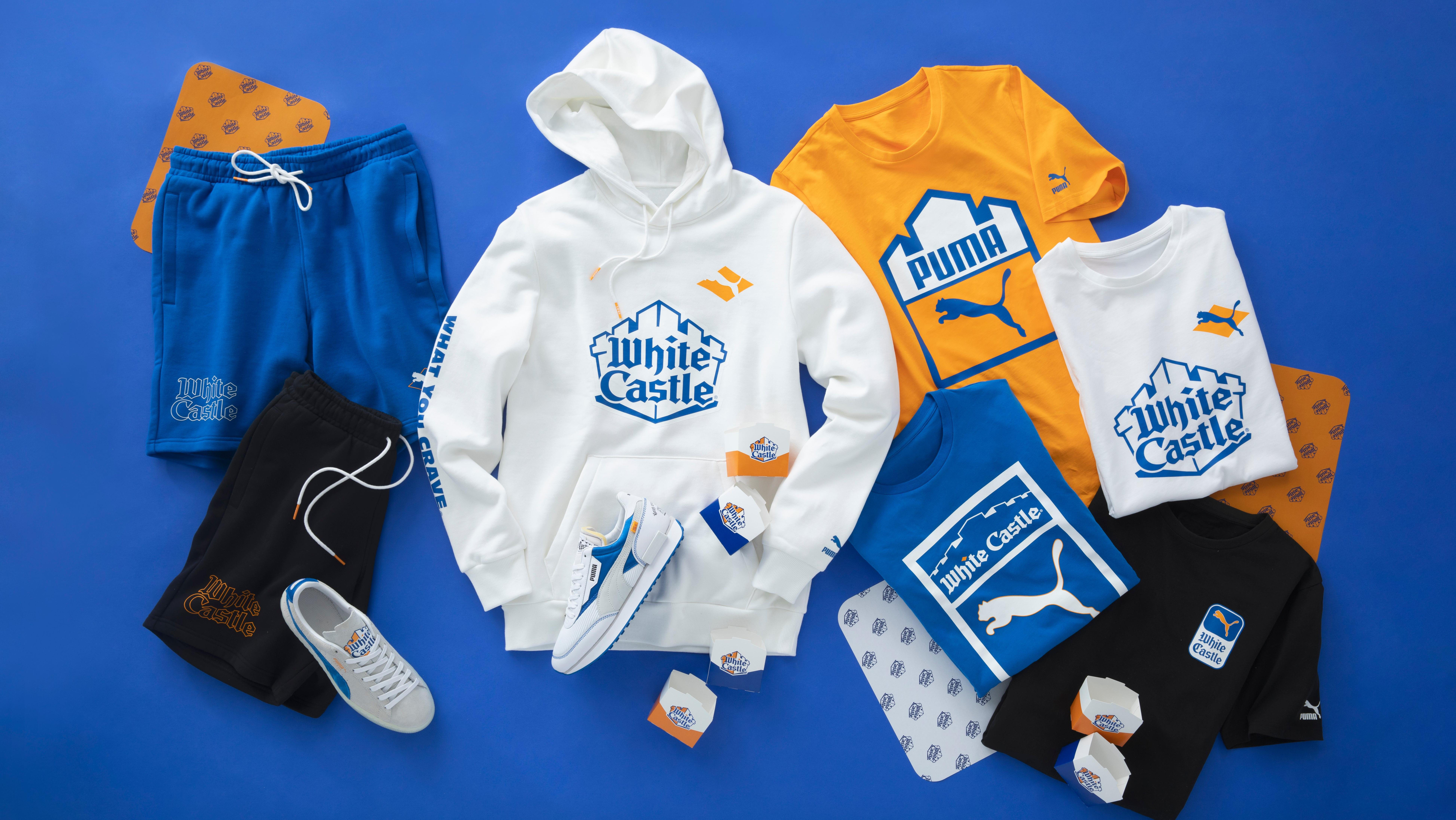 White Castle + PUMA collaboration: blue and black shorts, sneakers, white hoodie sweatshirt, yellow, blue, and white t-shirts