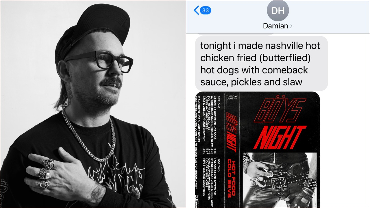 Left: Photo of Dieselboy (Damian Higgins); Right: text message conversation between Dieselboy and Allison Robicelli about Nashville hot hot dogs
