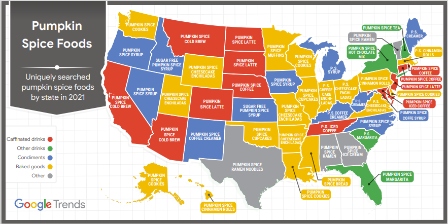 Pumpkin spice unique Google search map of all 50 states