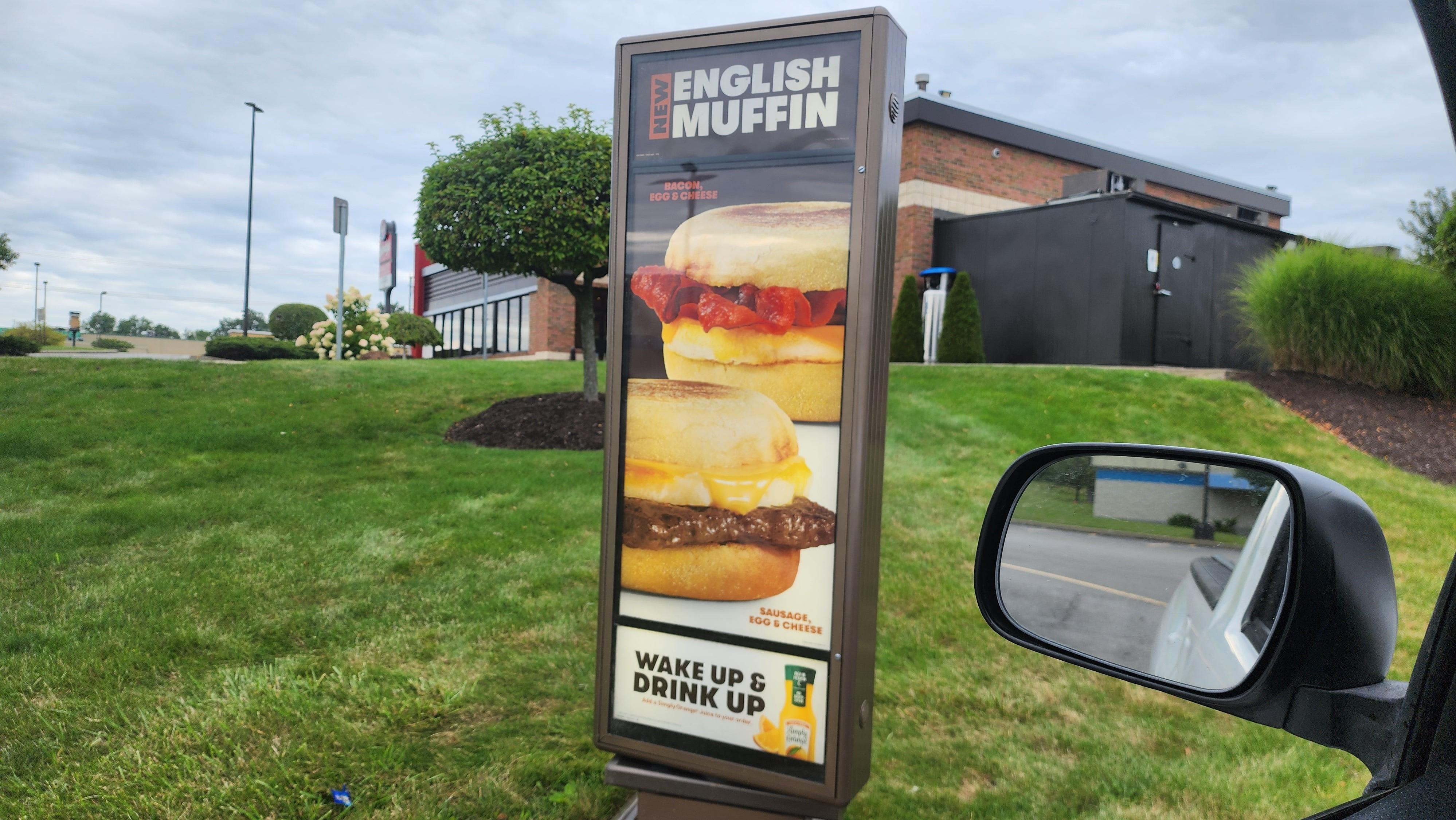 Wendy's drive-thru sign for new English Muffin breakfast sandwiches