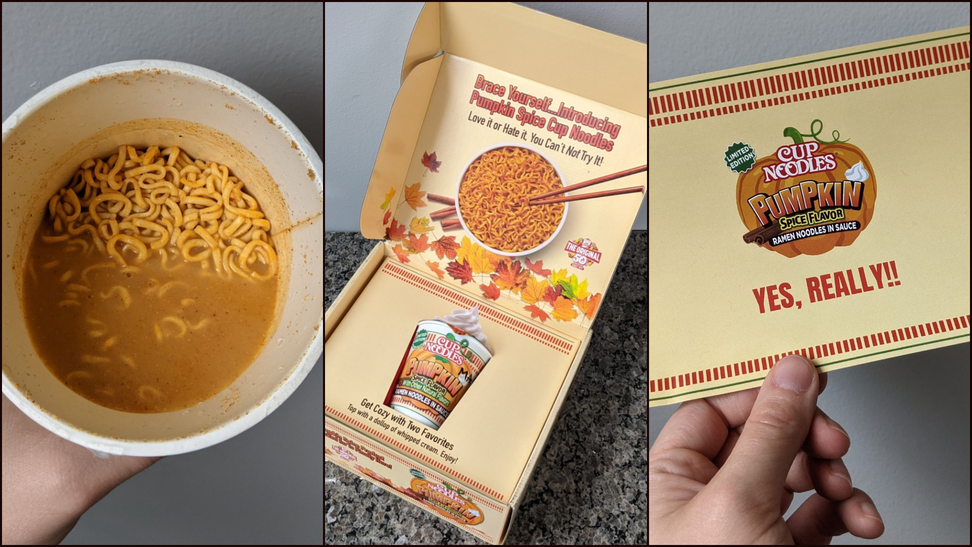 A cup of Pumpkin Spice Noodles pre-microwave; a gift box in which the noodles arrived; a card reading 