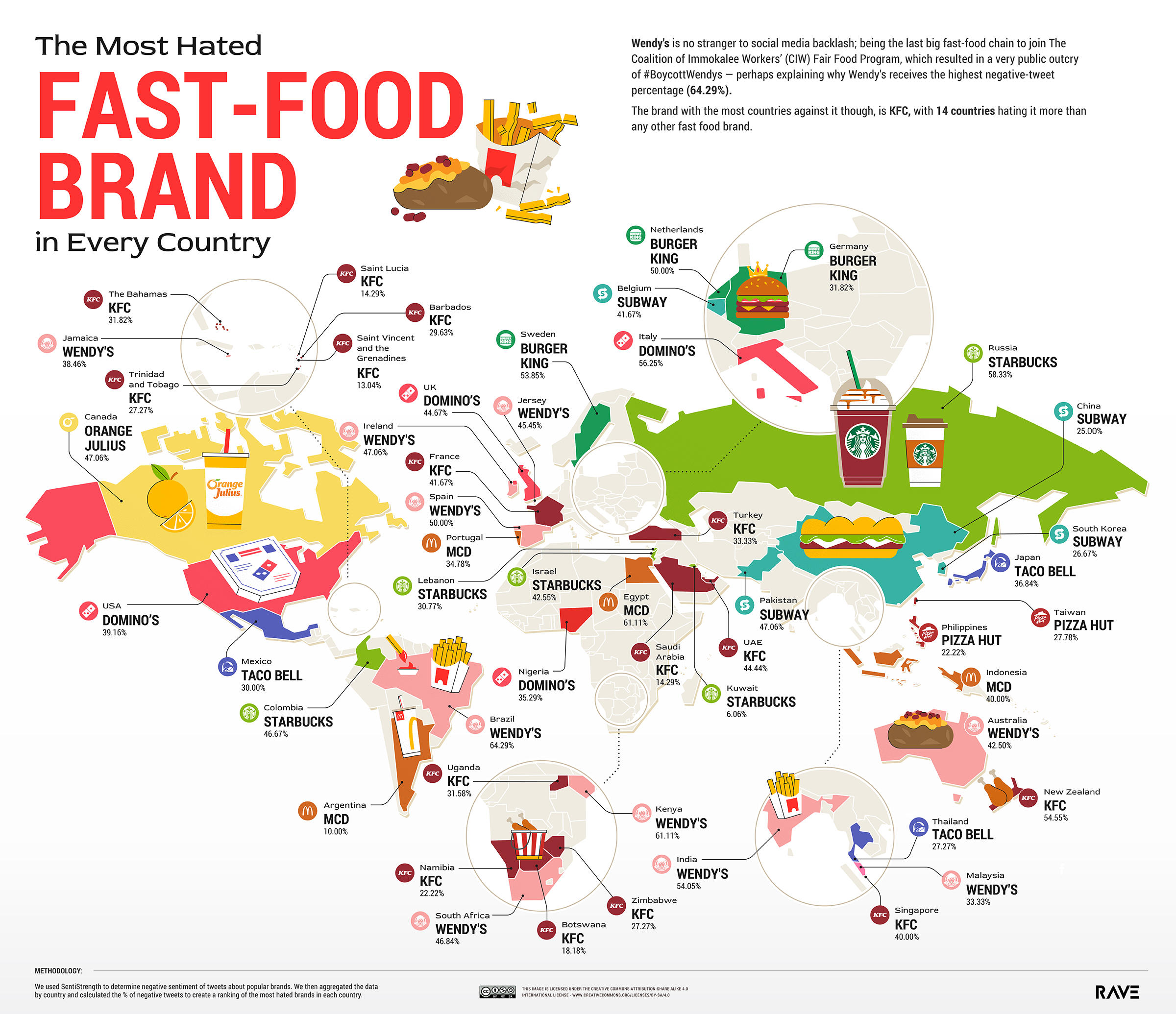 RAVE Reviews world map of most hated fast food brands by country [image provided by RAVE Reviews]