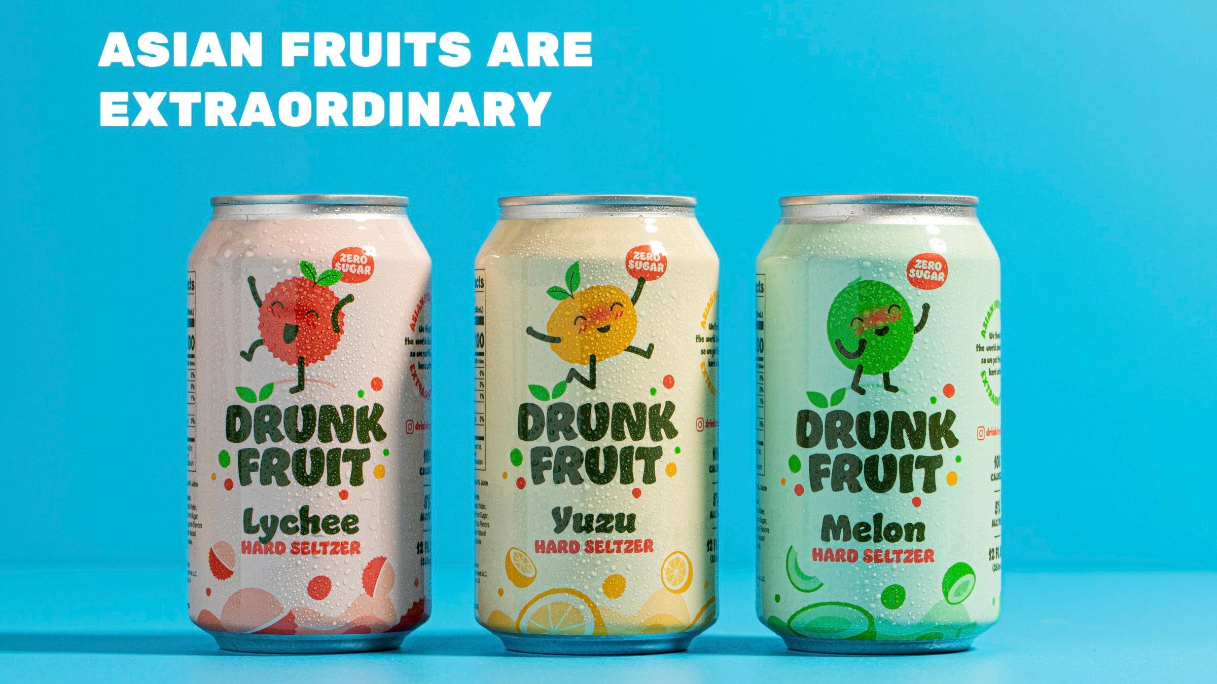 Product shot of Drunk Fruit seltzer in Lychee, Yuzu, and Melon flavors