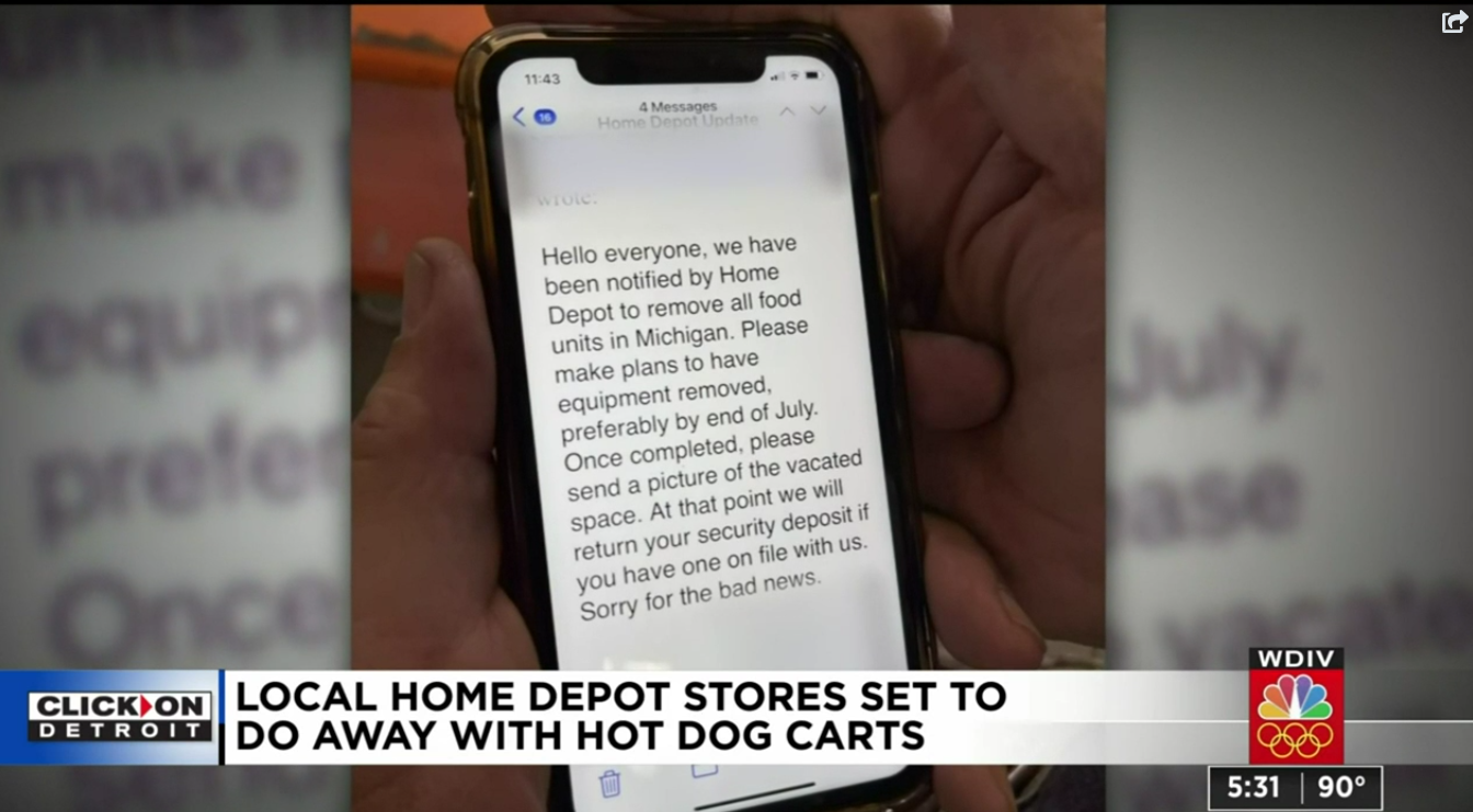 Home depot hot dog closing email screenshot from WDIV local 4 news