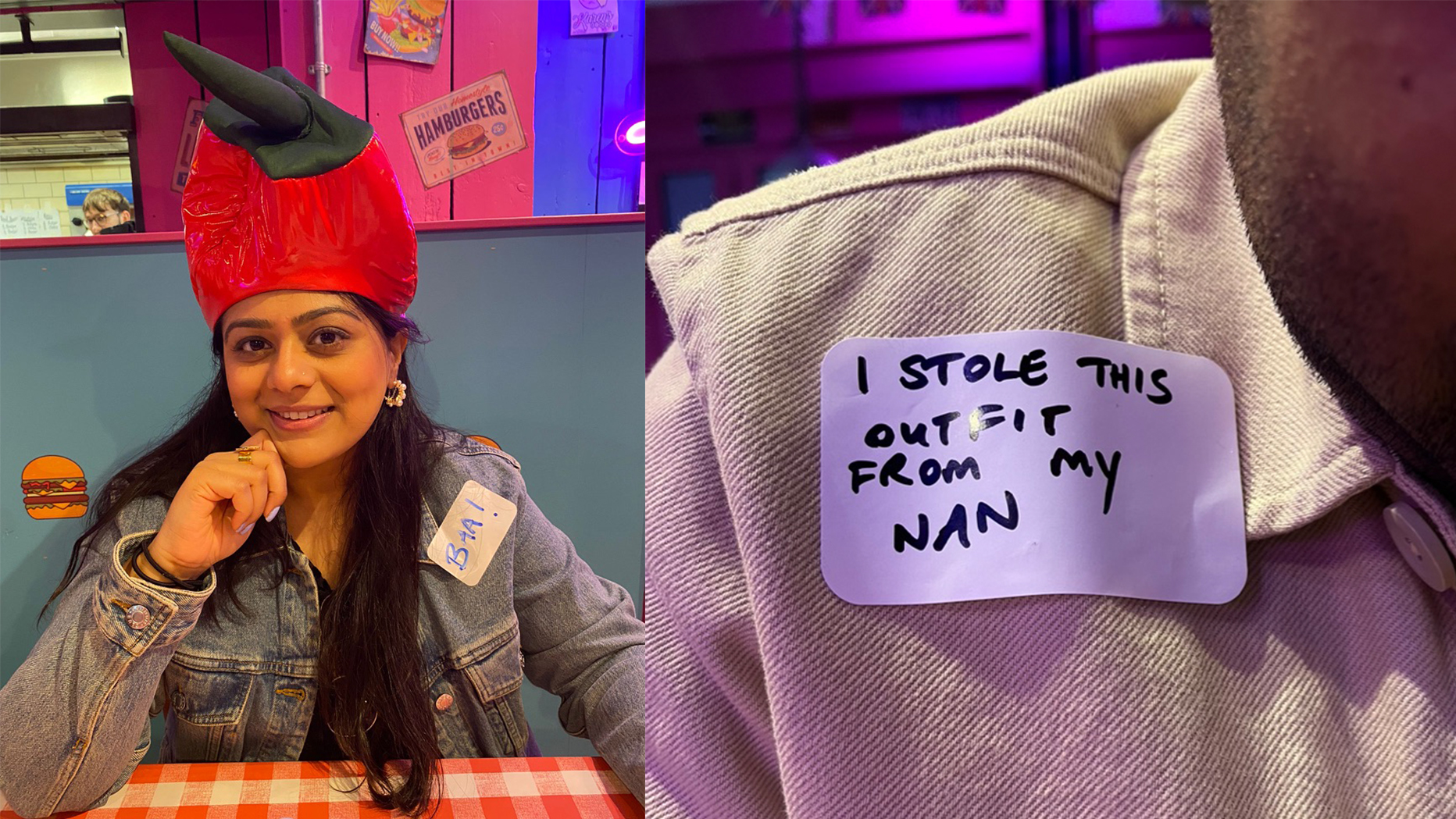Left: diner wearing a veggie-shaped hat; Right: name tag reading 