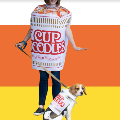 Woman and dog in Cup Noodles costumes