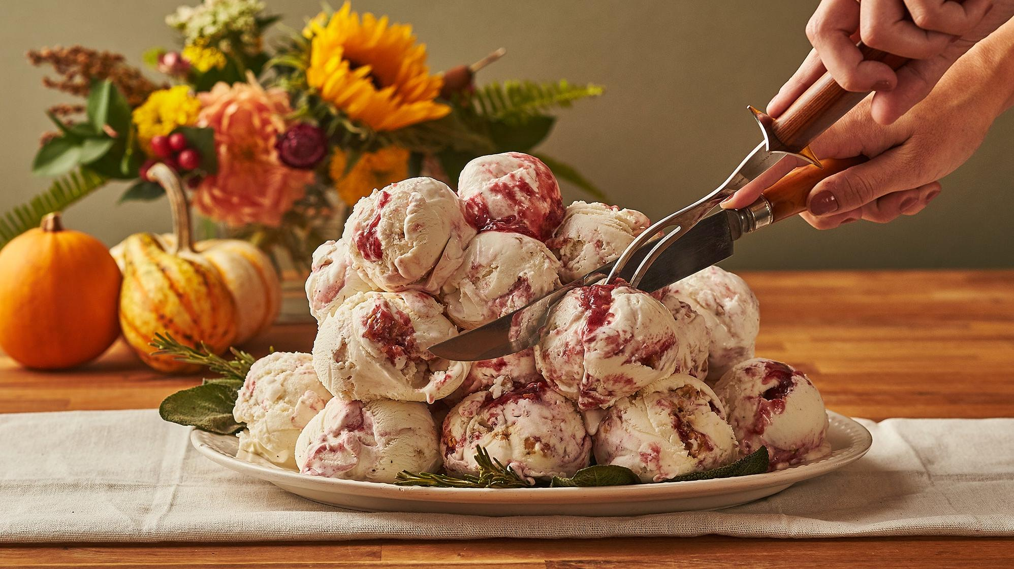 Turkey Cranberry ice cream being carved up like a Thanksgiving turkey