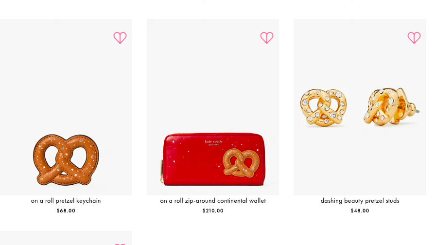 Pretzel keychain, wallet, and earrings on the Kate Spade online store