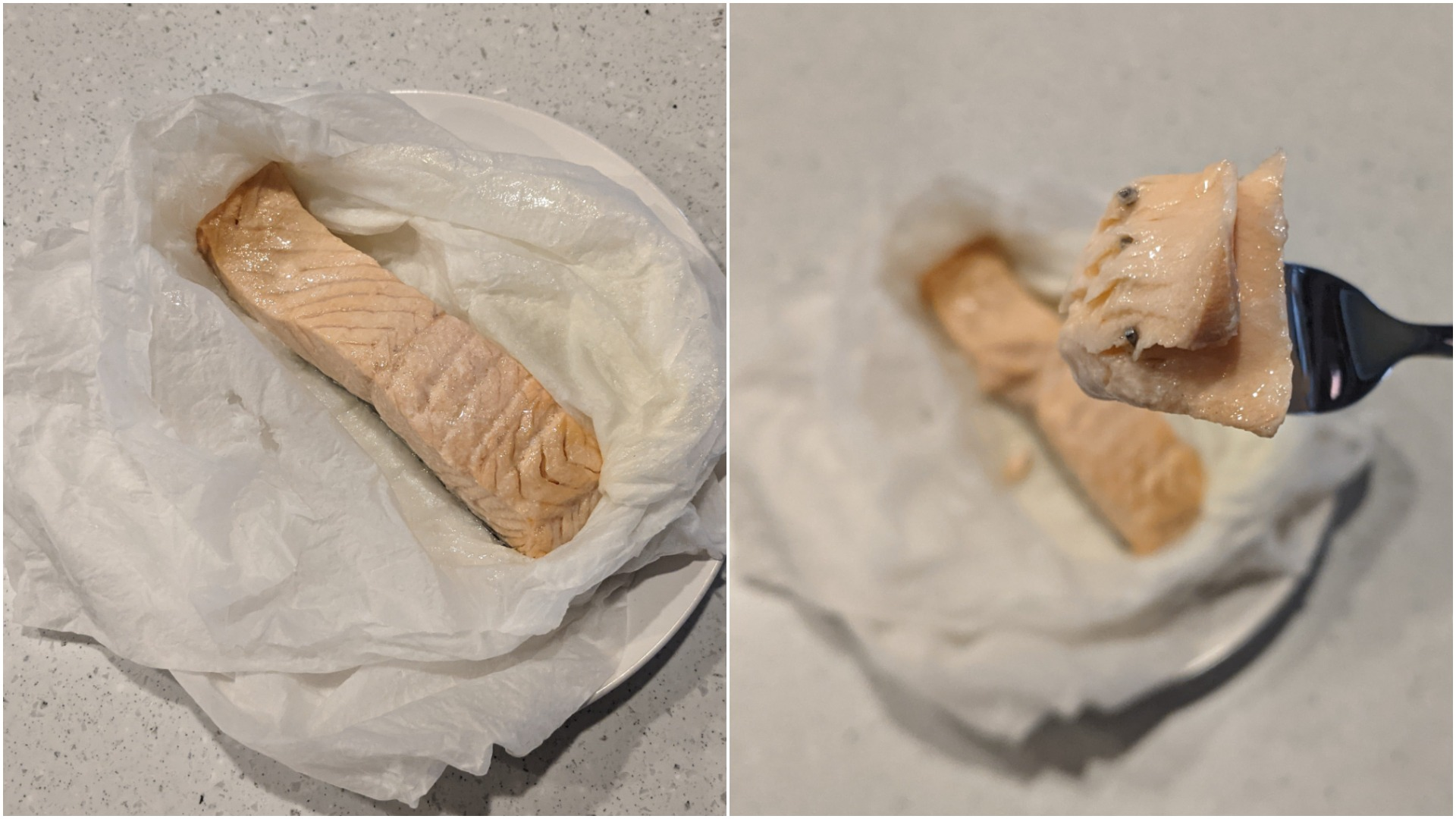 Left: Cooked salmon in paper towels; Right: Forkful of cooked salmon