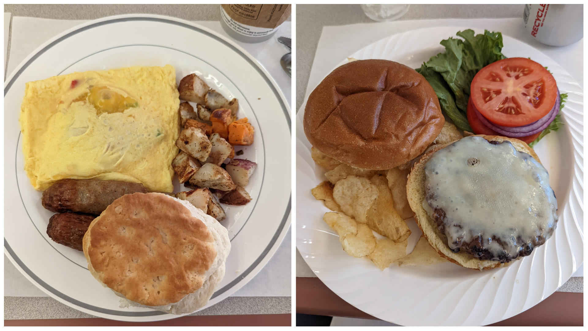 Left: breakfast plate with omelet and potatoes; right: plant-based burger