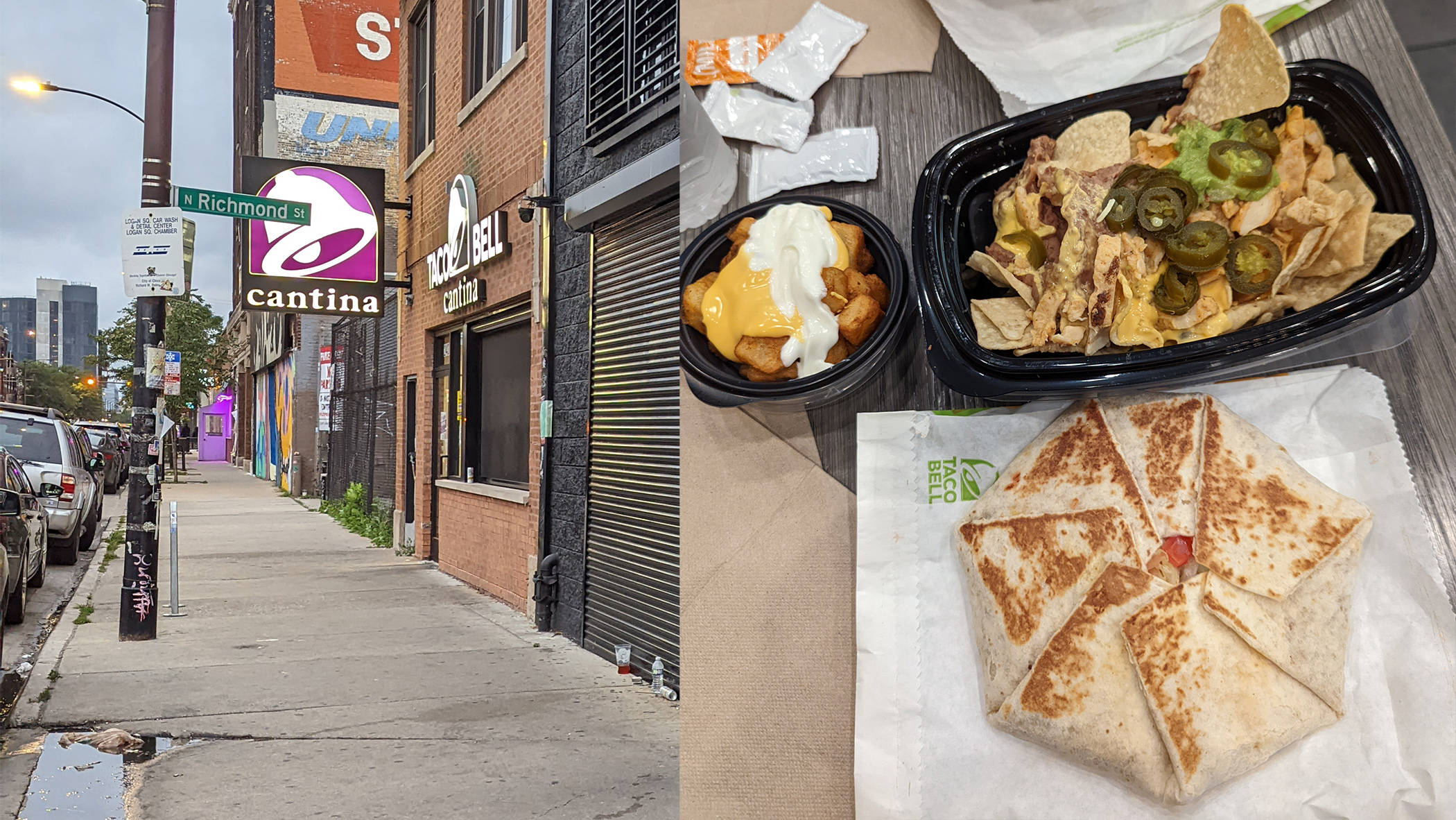 Taco Bell Cantina Storefront on left; aerial view of Taco Bell meal on right