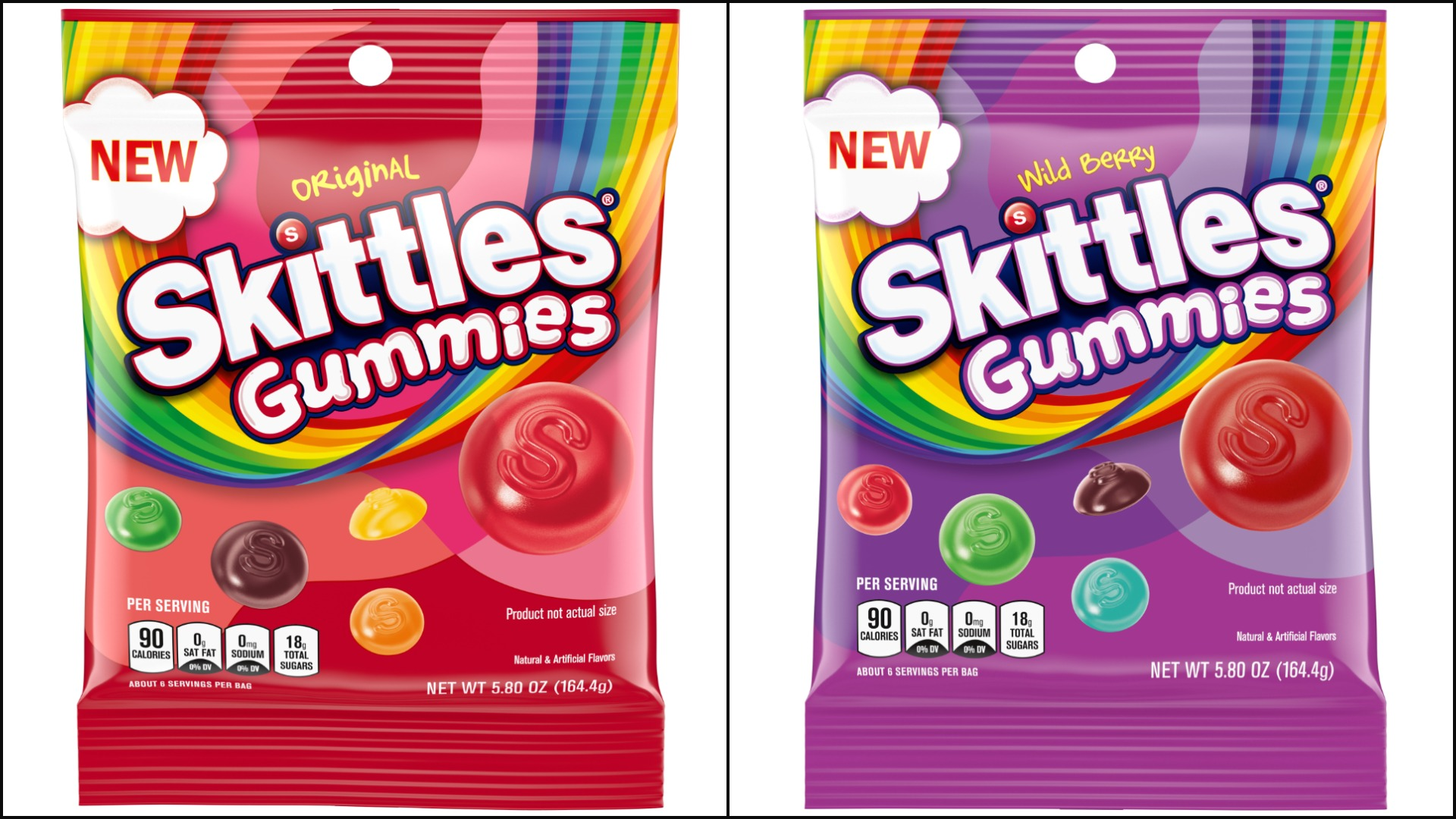 Product shot of the two new Skittles Gummies bags