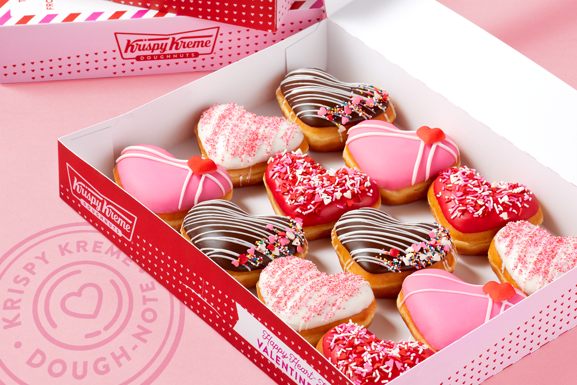 Box of heart-shaped doughnuts