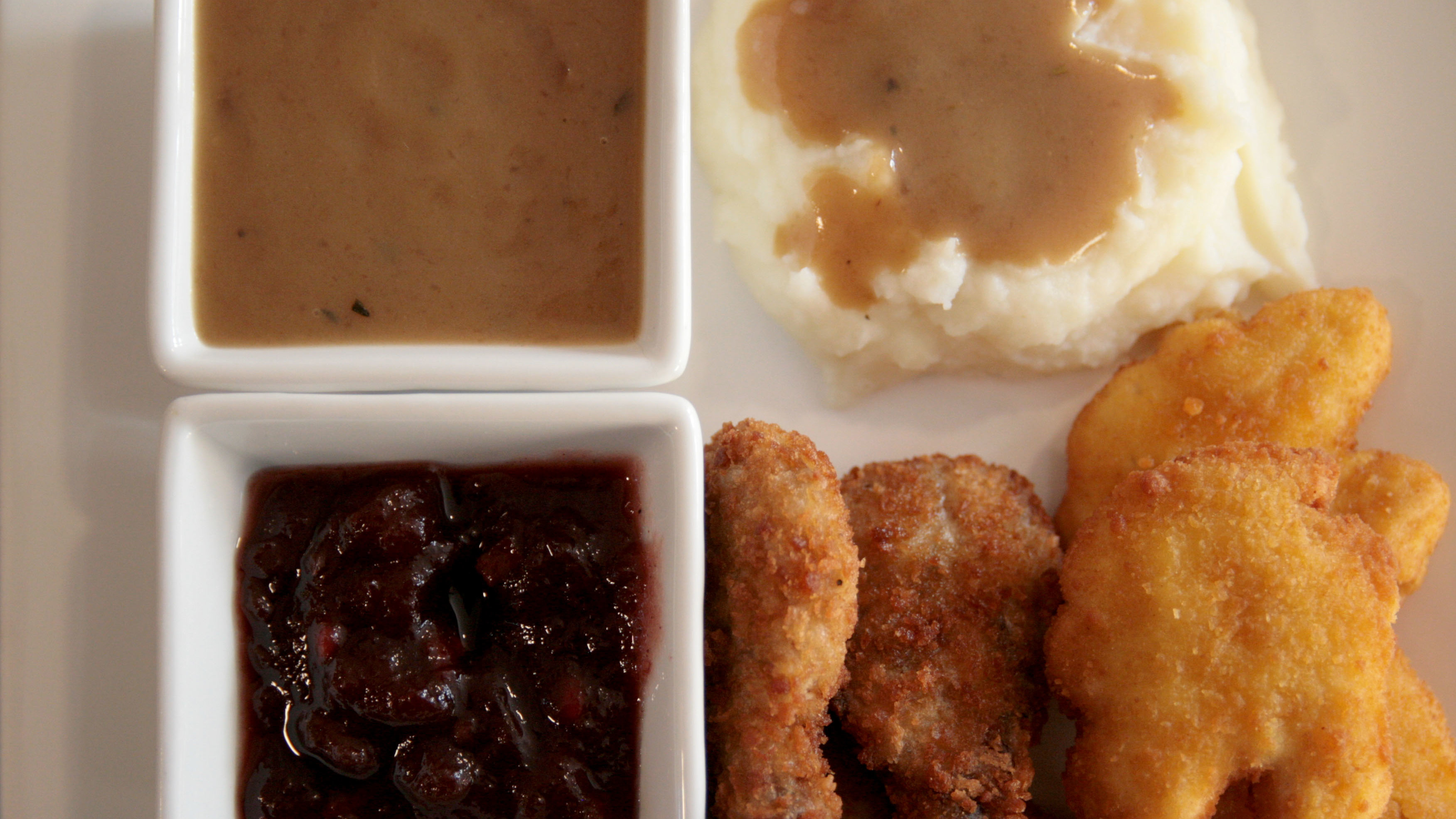 gravy relish turkey nuggets mashed potatoes