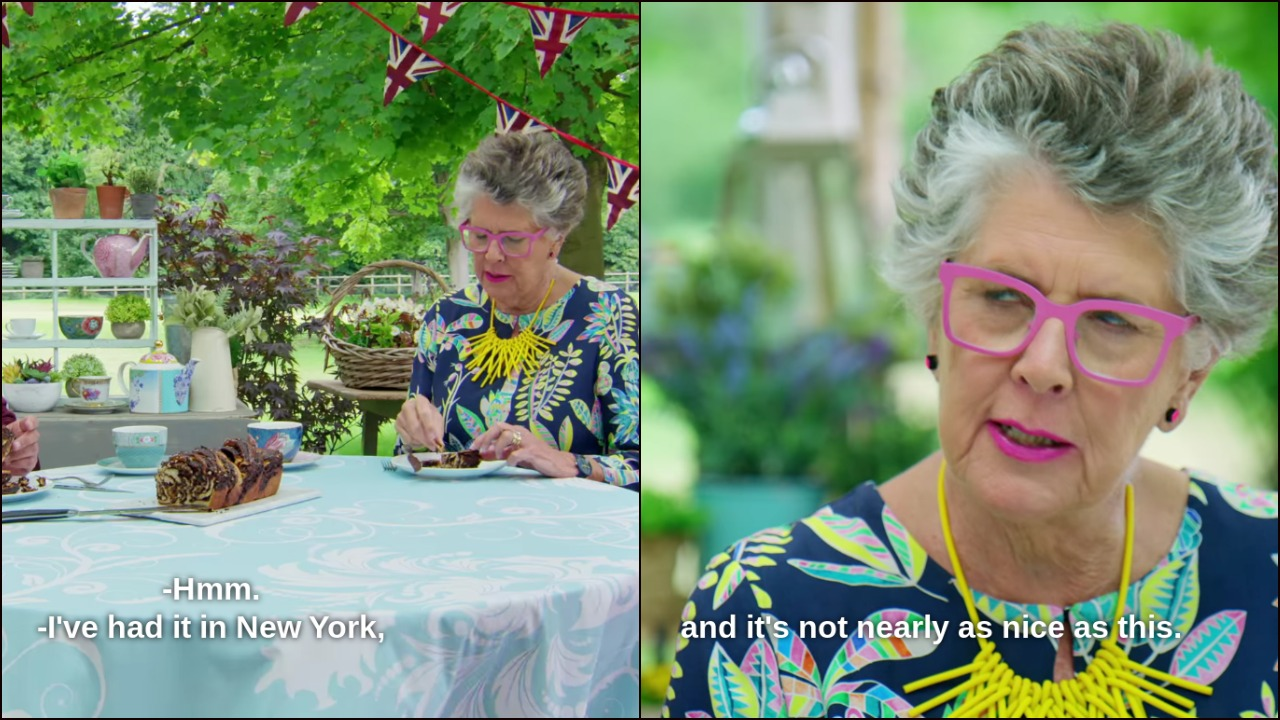 Prue Leith tasting babka and saying, 