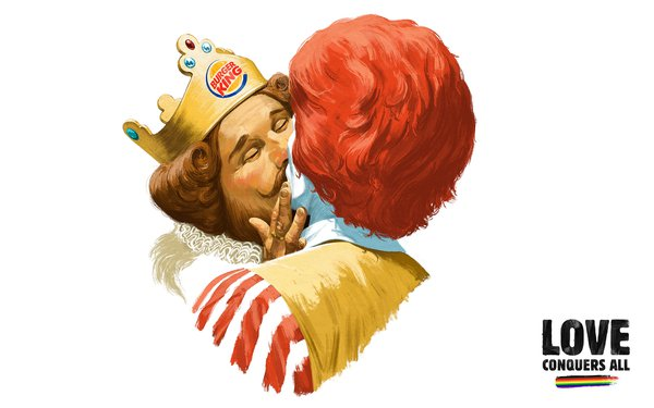 Illustration of Burger King and Ronald McDonald kissing beside the slogan 