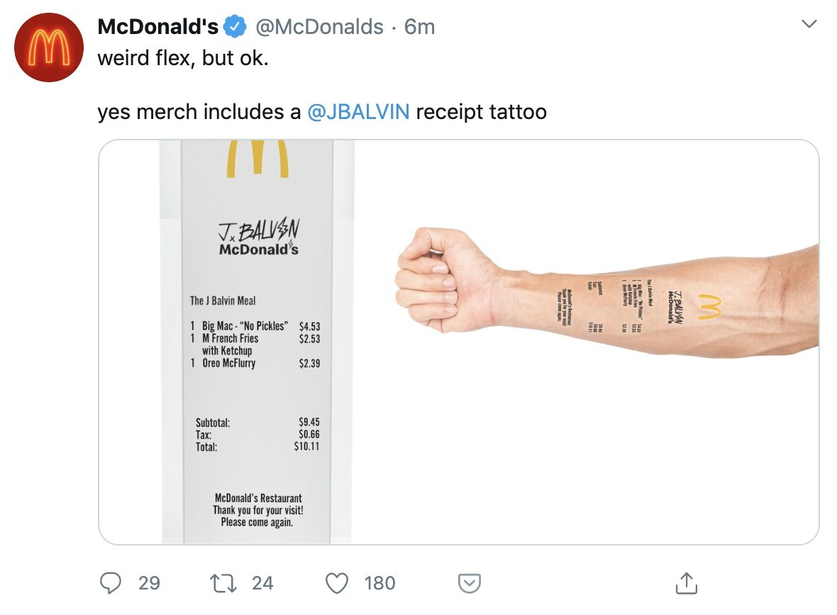 The McDonald's J Balvin meal receipt temporary tattoo