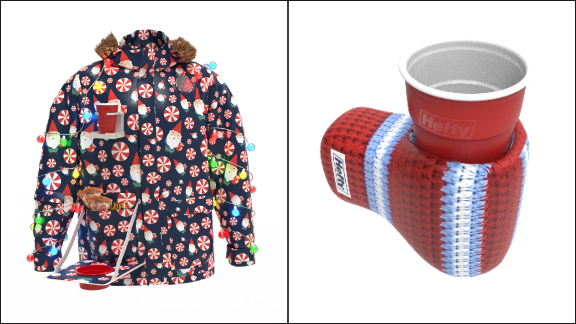 Left: a Hefty Party Cup Parka; Right: A Hefty Mitten Koozie [images provided by Hefty]
