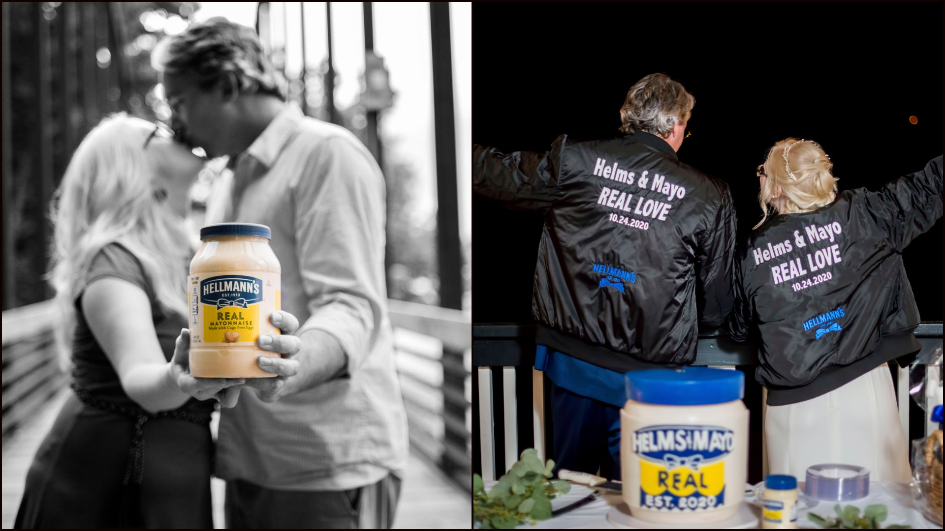 Left: couple holding a jar of Hellmann's. Right: couple posing with Hellmann's jackets and wedding cake.