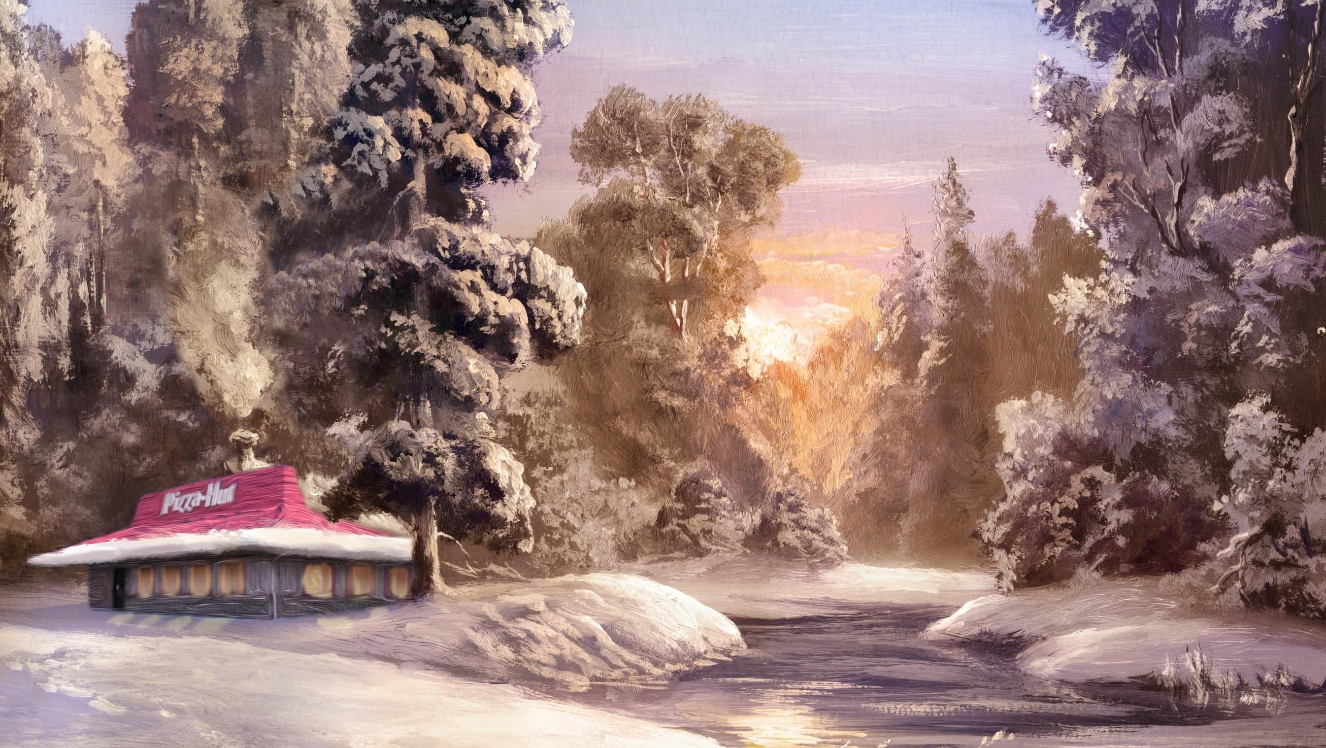 Oil painting of a Pizza Hut location along the banks of a snowy river