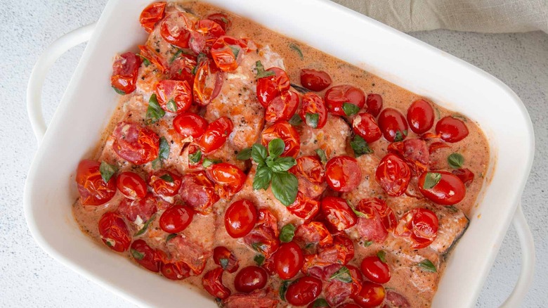 salmon and burst tomatoes