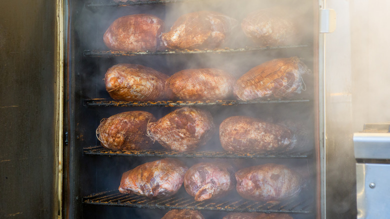 Meat inside a smoker