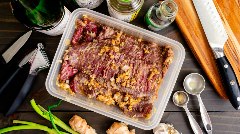 Raw steak in a marinade