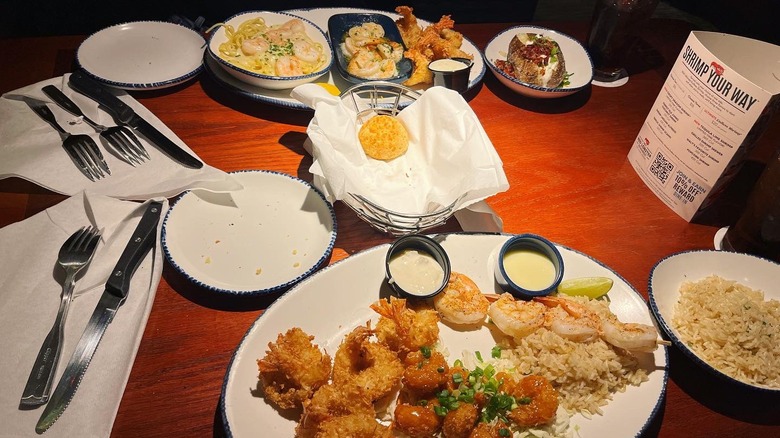 Plates of different kinds of shrimp from Red Lobster