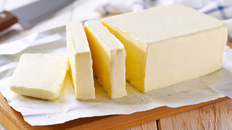 A sliced block of butter