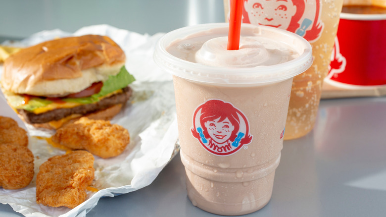 Nuggets, burger, and milkshake from Wendy's