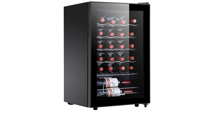 Staigis compressor wine cooler refrigerator filled with bottles