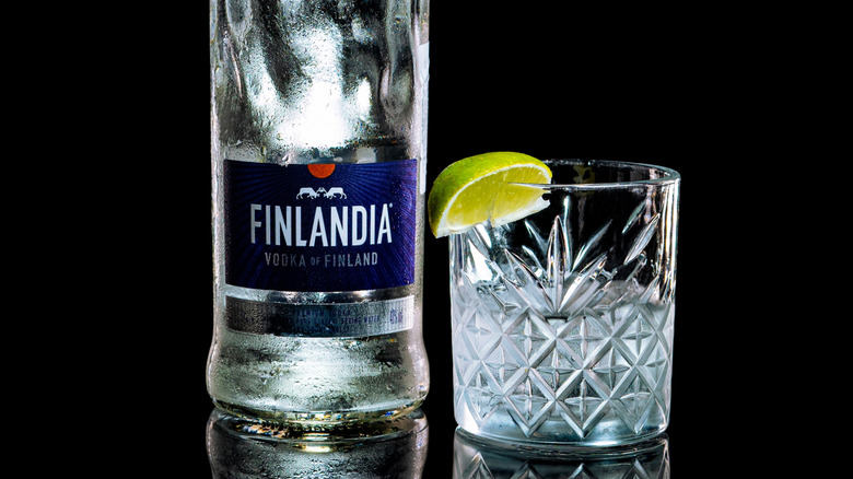 Finlandia Vodka bottle and a partially filled glass