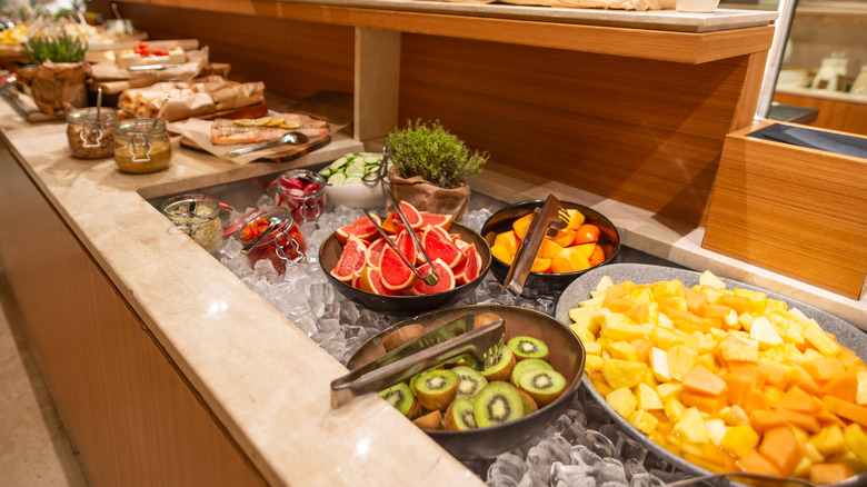 Fresh fruits on ice at a buffet