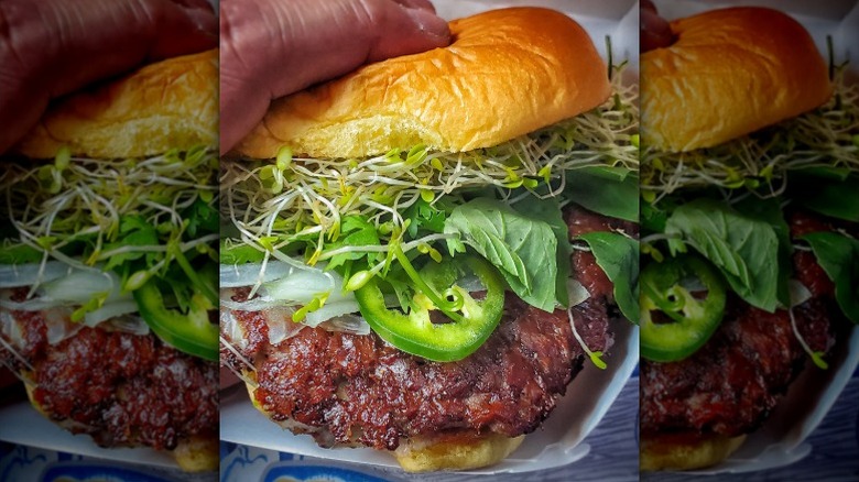 Hand holding a Dac Biet Burger on a paper plate