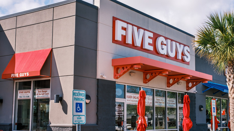 Exterior of a Five Guys restaurant