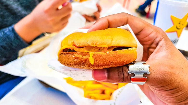 Handheld Hardee's burger