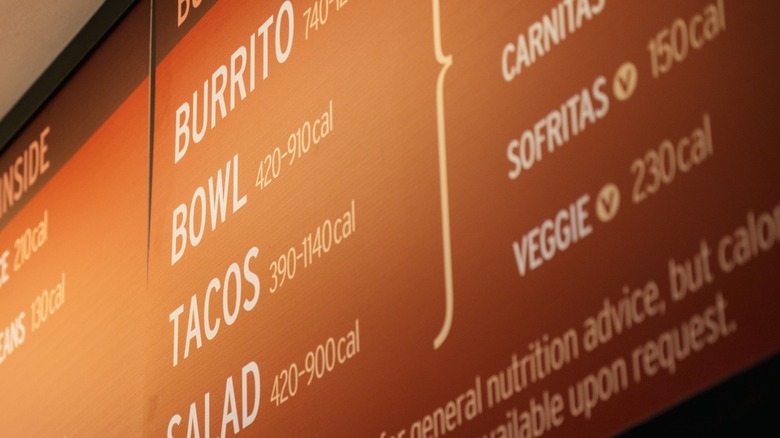 Chipotle menu board with calorie counts