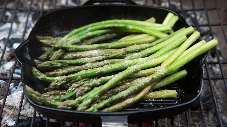 Asparagus cooking in a pan