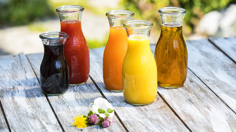 Fresh juices in glass bottles