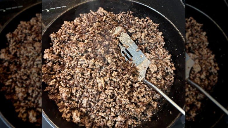 Browning ground beef on a pan