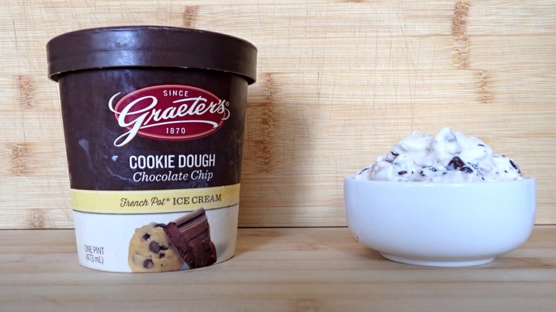 Graeter's chocolate chip cookie dough French pot ice cream carton and bowl