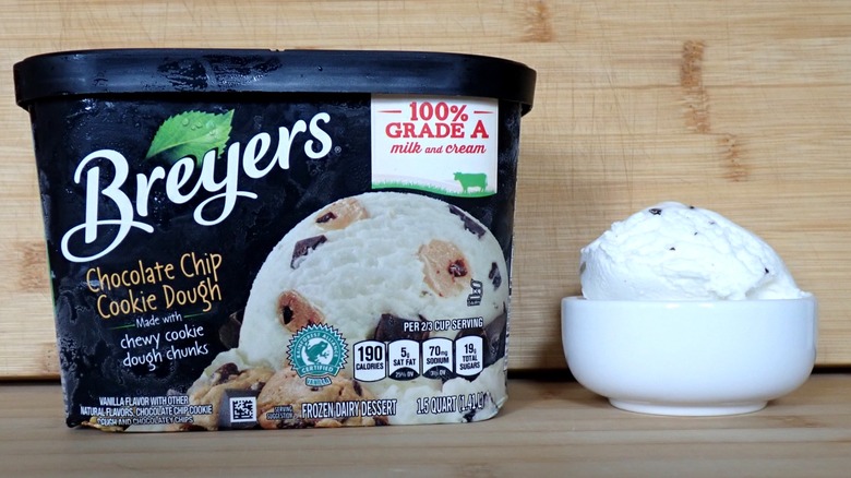 Breyers chocolate chip cookie dough ice cream carton and bowl