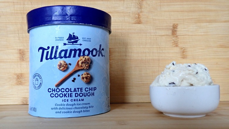 Tillamook chocolate chip cookie dough ice cream carton and bowl