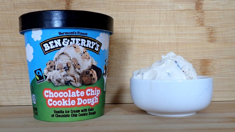 Ben & Jerry's chocolate chip cookie dough ice cream carton and bowl